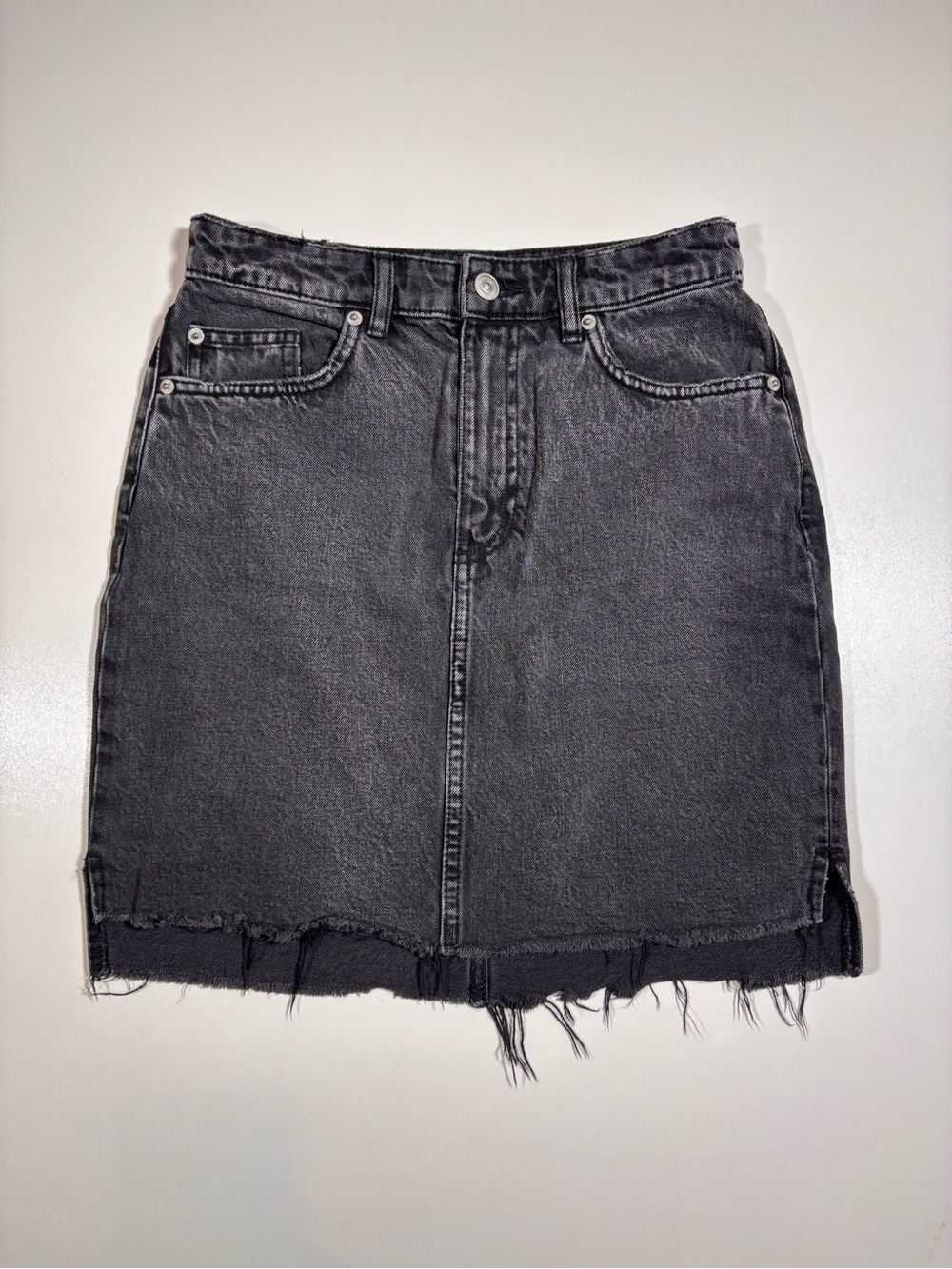 H&M Black Washed Denim Mini Skirt Size 4 Raw Hem Y2K